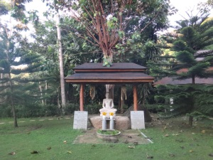 The Buddha statue in one of the popular walking meditation areas
